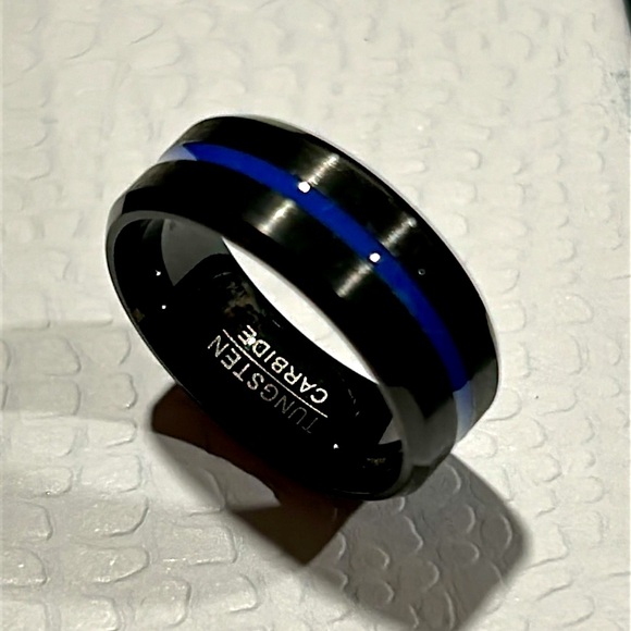 Tungsten Carbide Black Blue Center Groove Beveled Edge Ring - Picture 5 of 10